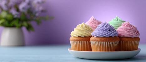 Bakery delight colorful cupcakes on a table cozy kitchen photography whimsical atmosphere photo