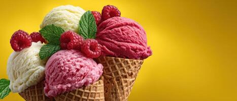 Colorful ice cream cone display dessert shop food photography bright yellow background close-up playful arrangement photo