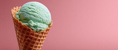 Delicious mint green ice cream scoop in waffle cone dessert delight studio shot sweet treat vibes photo