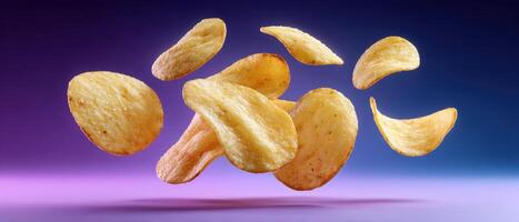Golden potato chips floating in the air studio setting minimalist food photography vibrant colors photo
