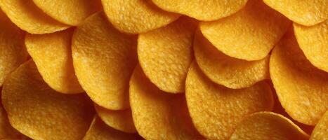 Golden potato chips arrangement close-up view food photography snack environment vivid concept photo