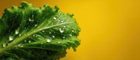 Lettuce leaf art with water droplets vibrant yellow background nature photography close-up view artistic concept photo