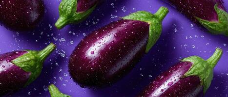 Artistic arrangement of fresh eggplants with water droplets studio food photography purple background photo