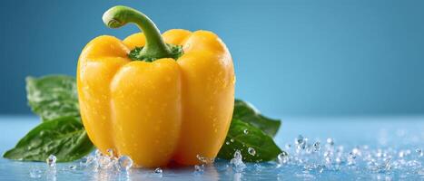Vibrant yellow bell pepper on reflective surface culinary delight fresh ingredients studio setting photo
