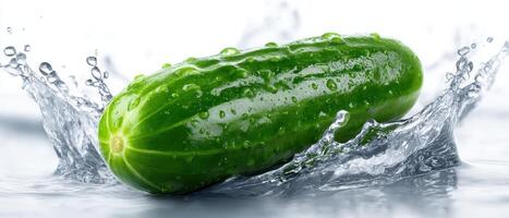 Splashing action of fresh cucumber studio background food photography crisp environment close-up focus photo