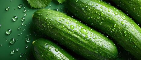 Fresh cucumbers display green background food photography natural setting close-up vibrant colors photo