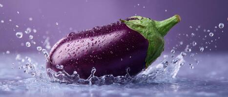 Eggplant splashing into water nature scene food photography vibrant colors close-up view culinary concept photo