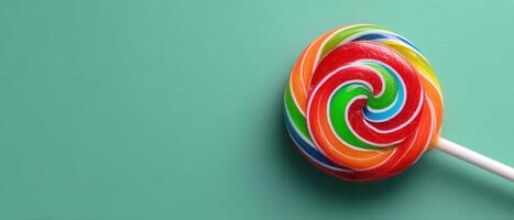 Vibrant rainbow lollipop on a green background low-resolution image sweet treat playful environment photo