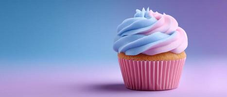 Delicate pastel pink cupcake with swirls bakery display food photography soft gradient background close-up view photo
