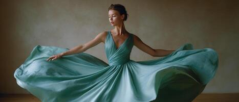 Whimsical twirl of a woman in pastel green dress indoor studio fashion photography elegant setting side view photo
