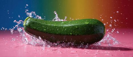 Dynamic splash of water around a zucchini on a colorful background food photography vibrant setting photo
