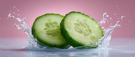 Refreshing splash of water over sliced cucumbers kitchen food photography bright close-up culinary art photo