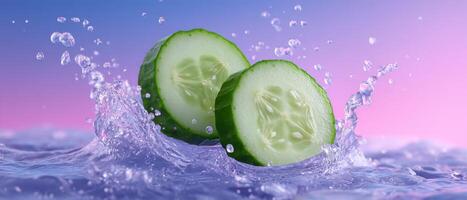Refreshing water splash over sliced cucumbers vibrant background food photography culinary art photo