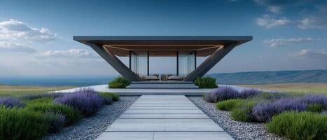 Sleek contemporary gazebo in open field modern architecture tranquil environment aesthetic viewpoint photo