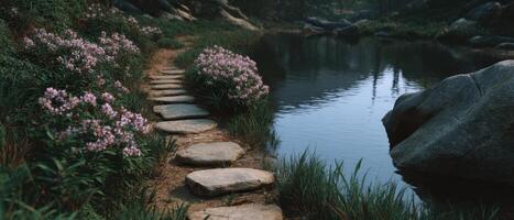 Tranquil riverbank pathway amidst blooming flora serene nature scene peaceful environment ground level view photo