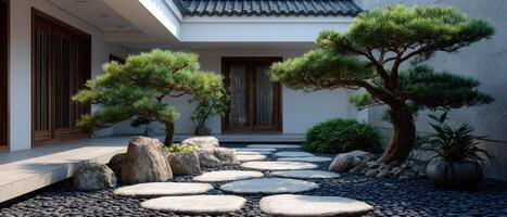 Tranquil zen garden with stone pathways residential location landscape photography minimalist design serene viewpoint photo