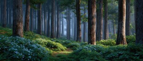 Tranquil forest landscape with slender trees serene nature scene lush green environment peaceful view photo