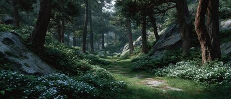 Sunlit glade exploration dense forest nature photography peaceful environment serene viewpoint photo