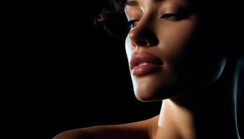 Elegant woman's profile in deep shadows studio photography dramatic lighting close-up view artistic concept photo