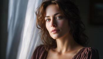 Mysterious woman gazing out window indoor setting portrait photography soft lighting introspective mood photo