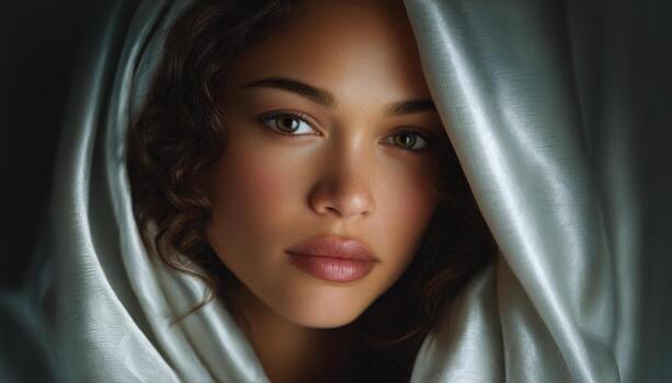 mujer cubierto en fluido tela estudio ajuste retrato fotografía sereno atmósfera de cerca perspectiva foto