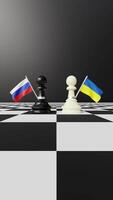 Vertical Animation of Chess Pieces Facing Each Other with Russia and Ukraine Flags on a Chessboard with Black Background video