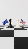 Vertical Animation of Chess Pieces Facing Each Other with United States and European Union Flags on a Chessboard with White Background video