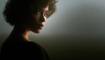 Contemplative woman in soft silhouette studio setting portrait photography calm environment side view photo