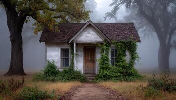 Foggy cottage in the woods a haunting scene of nature's mystery rural setting atmospheric photography photo