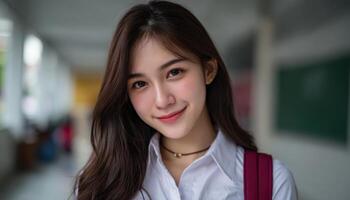 Smiling student portrait school corridor photography indoor setting close-up youthful vibes photo