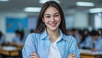 Smiling student in classroom educational setting portrait photography bright environment engaging perspective photo