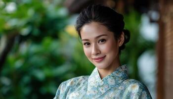 Cultural woman in kimono serene garden portrait photography natural light elegant aesthetics photo