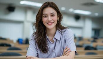 Student smiling in classroom university setting portrait photography bright atmosphere engaging concept photo