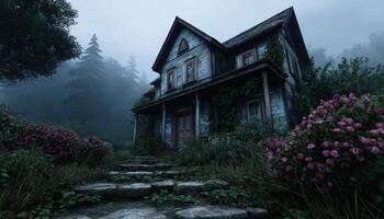 Crumbling victorian house surrounded by dense forest atmospheric scene mysterious environment photo