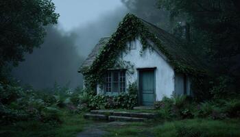 Mysterious forgotten cottage in foggy forest enigmatic atmosphere nature landscape serene view photo