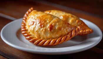 Golden brown fried empanada delight culinary showcase food photography rustic kitchen close-up gourmet treats photo