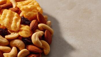Crispy snack mix display kitchen counter food photography bright setting close-up gourmet treats photo
