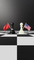 Vertical Animation of Chess Pieces Facing Each Other with United States and China Flags on a Chessboard with Black Background video