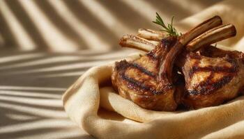Grilled lamb chops flat lay gourmet kitchen food photography elegant setting overhead view culinary art photo