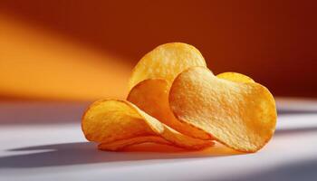 Golden fried potato chip on bright background food photography studio setting minimalist style photo