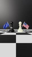 Vertical Animation of Chess Pieces Facing Each Other with United States and European Union Flags on a Chessboard with Black Background video