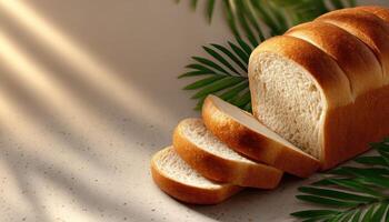 Freshly baked bread arrangement kitchen table food photography serene atmosphere overhead view culinary delight photo