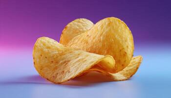 Golden fried potato chip on bright blue background food photography creative concept studio setting photo