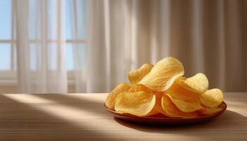 Elegant arrangement of crispy golden potato chips on light surface indoor food photography modern design photo