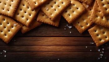 Elegant overhead image of lightly salted crackers on wooden table food photography cozy setting photo