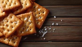 Elegant overhead view of lightly salted crackers on wooden table food photography rustic setting photo