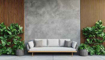 Loft style outdoor living area with wooden elements modern home interior design relaxing environment aesthetic view photo