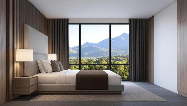 Modern bedroom with mountain view rendering serene environment contemporary style beautiful oasis photo
