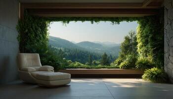 Modern interior space with nature view serenity 3d render lush environment calm atmosphere photo