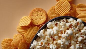 Crispy snack medley cozy home food photography soft lighting flat lay concept photo